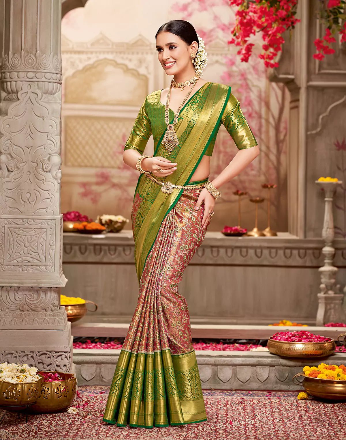 Image of Red Floral Tissue Jaal Semi Silk Saree - South India Shopping Mall