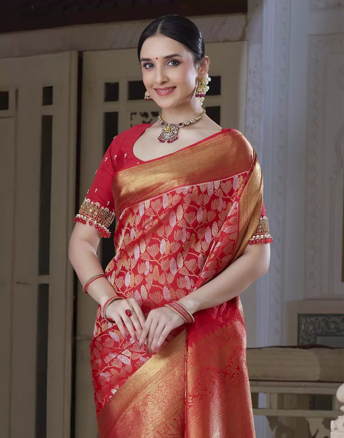 Image of Red Kanchipuram Pure Silk Self Blouse and Self Saree - South India Shopping Mall