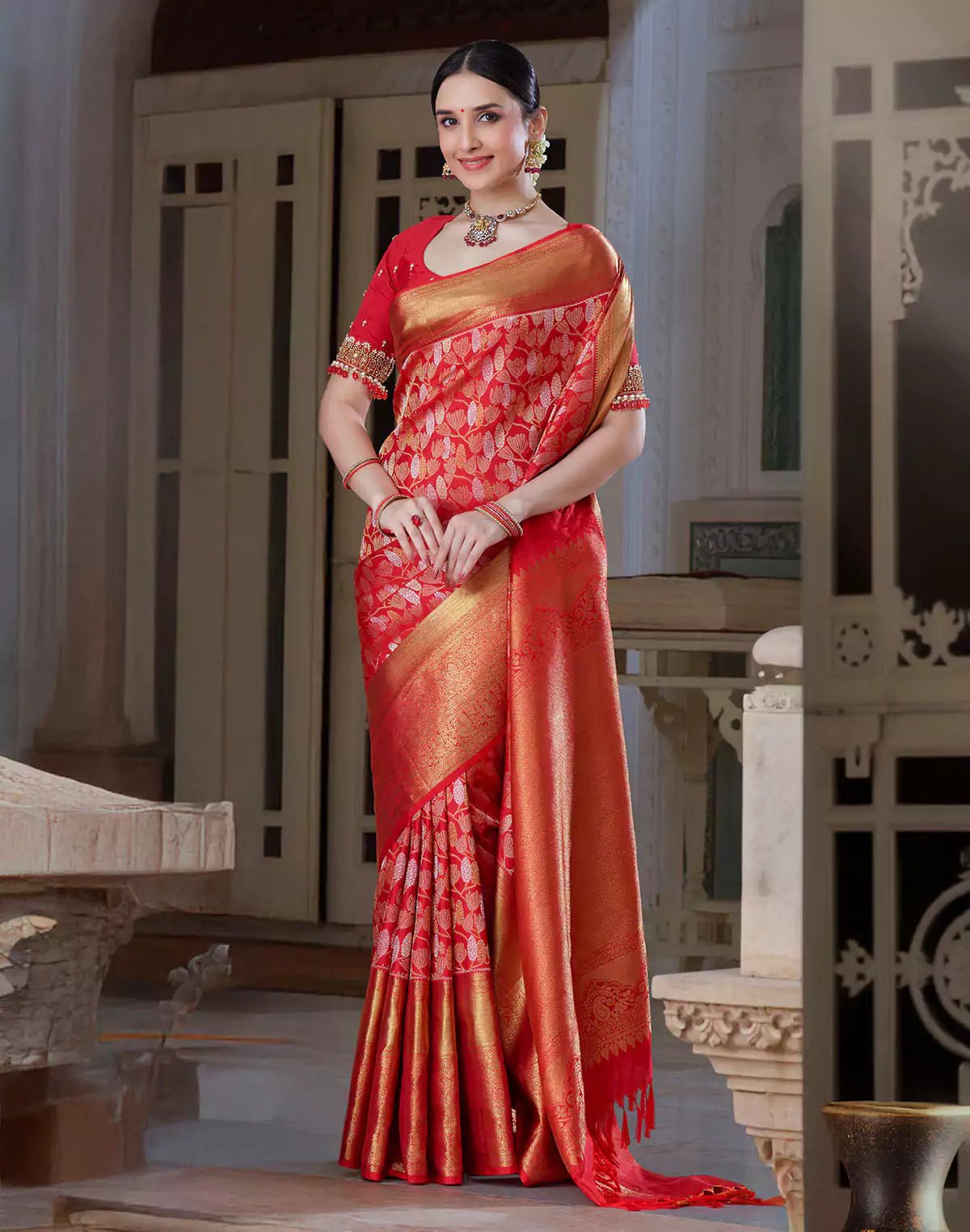 Image of Red Kanchipuram Pure Silk Self Blouse and Self Saree - South India Shopping Mall