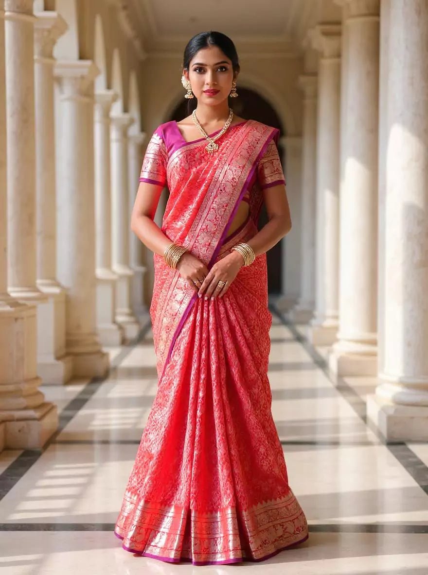 Image of Red Silver Paisely Design Kanchi Pattu Saree - South India Shopping Mall