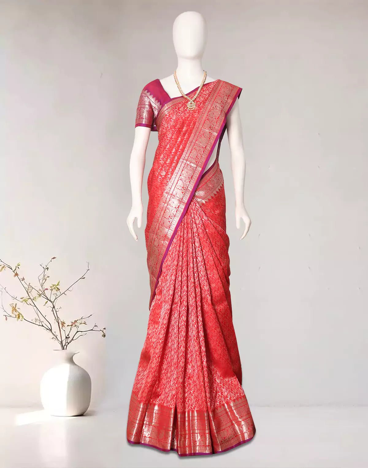 Image of Red Silver Paisely Design Kanchi Pattu Saree - South India Shopping Mall