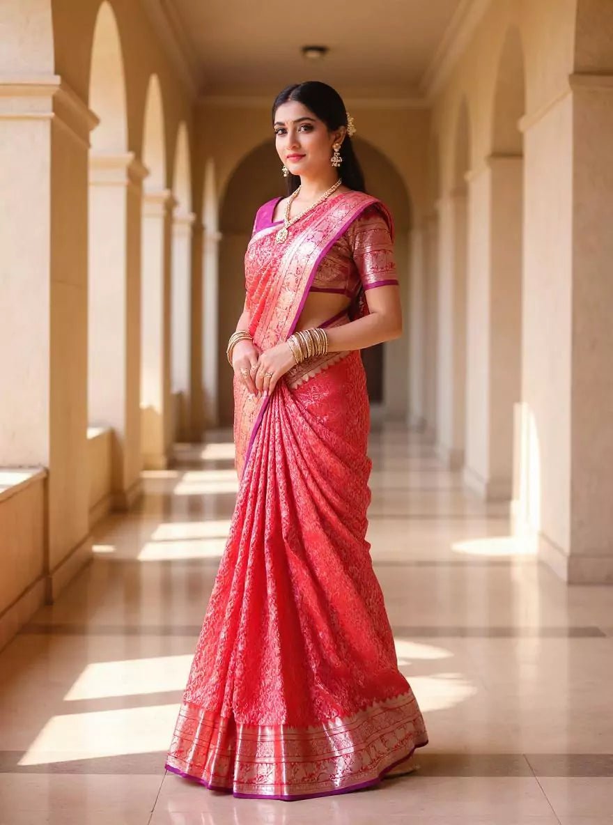Image of Red Silver Paisely Design Kanchi Pattu Saree - South India Shopping Mall