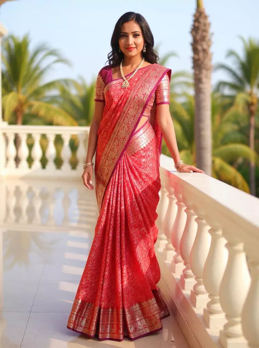 Image of Red Silver Paisely Design Kanchi Pattu Saree - South India Shopping Mall