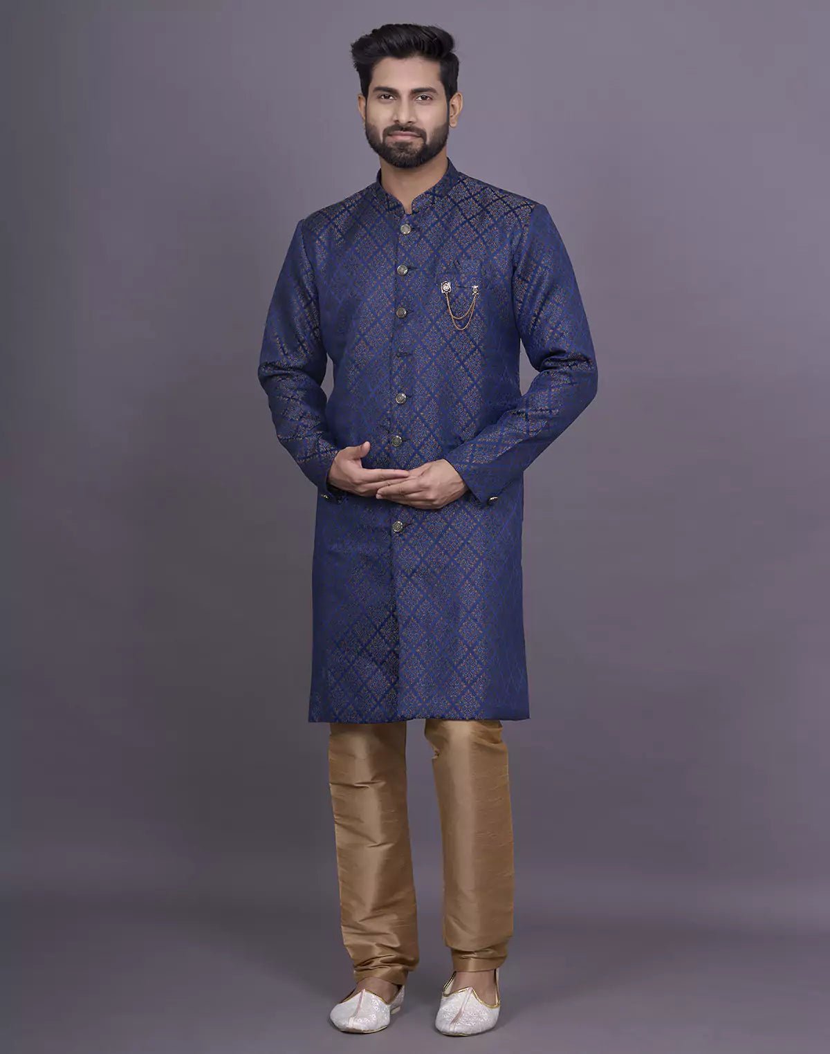 Image of Royal Blue Self Brocade Design Jacquard Semi - Indo Set - South India Shopping Mall