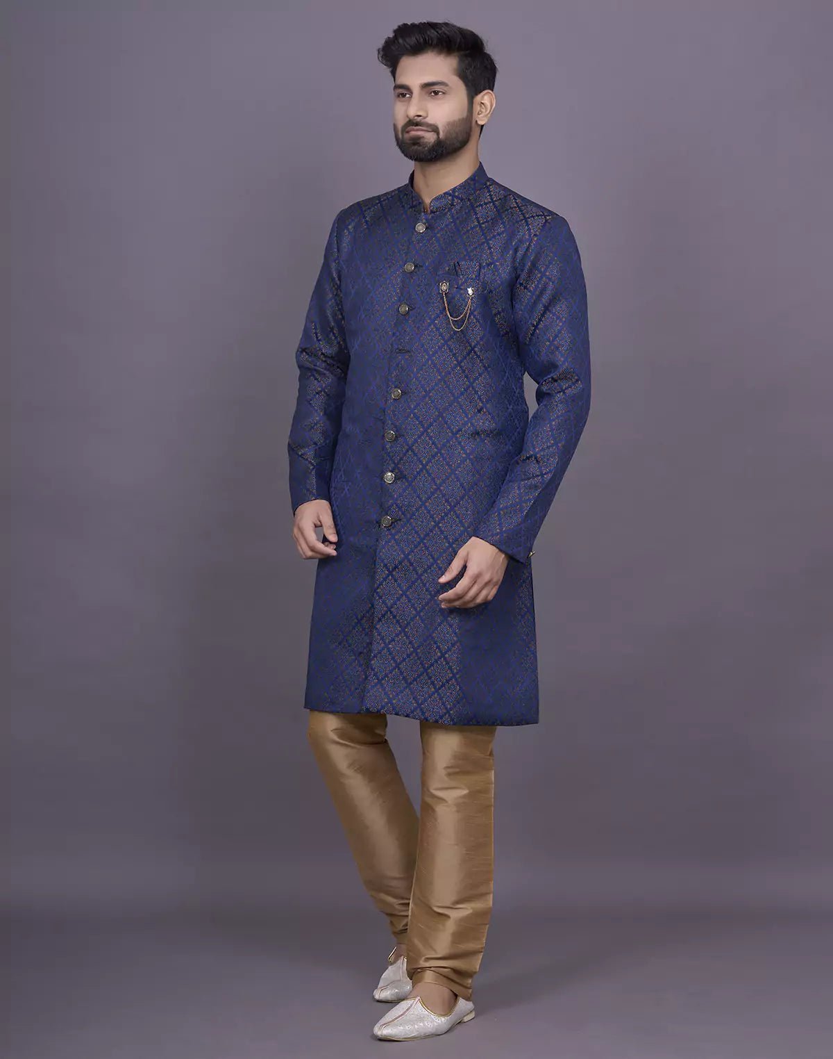 Image of Royal Blue Self Brocade Design Jacquard Semi - Indo Set - South India Shopping Mall