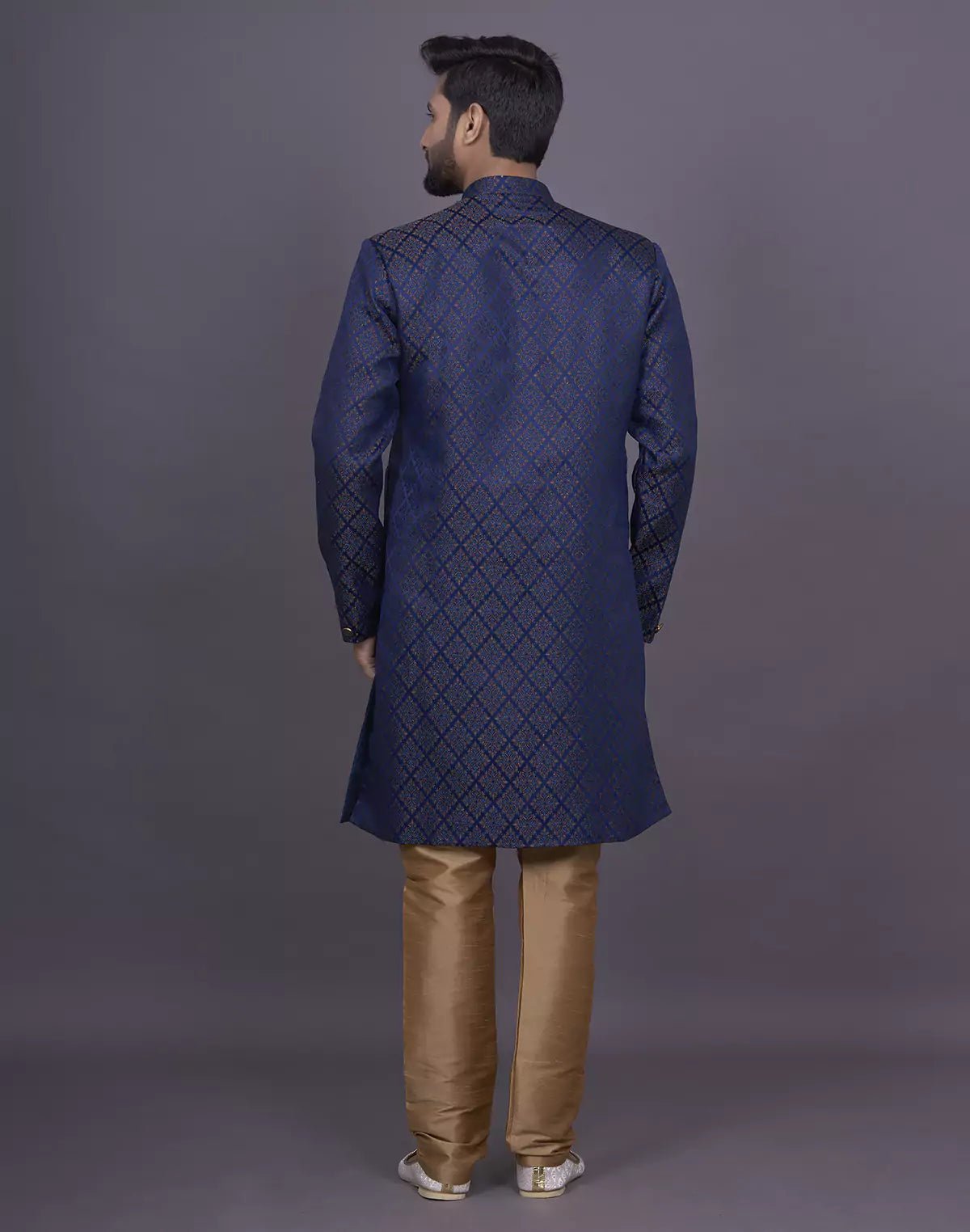 Image of Royal Blue Self Brocade Design Jacquard Semi - Indo Set - South India Shopping Mall