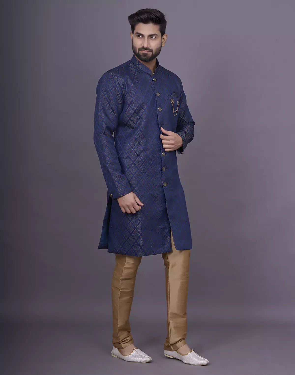 Image of Royal Blue Self Brocade Design Jacquard Semi - Indo Set - South India Shopping Mall