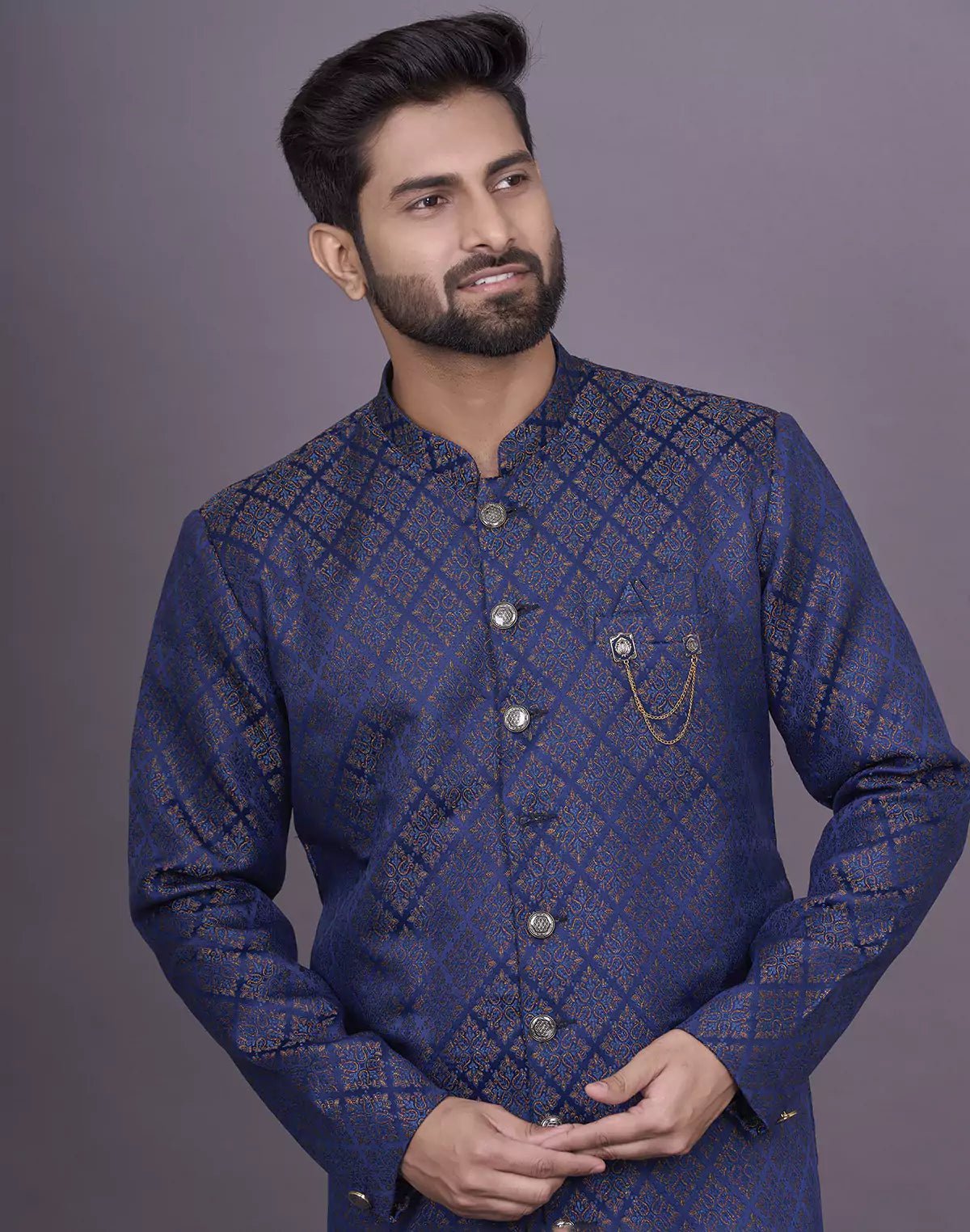 Image of Royal Blue Self Brocade Design Jacquard Semi - Indo Set - South India Shopping Mall