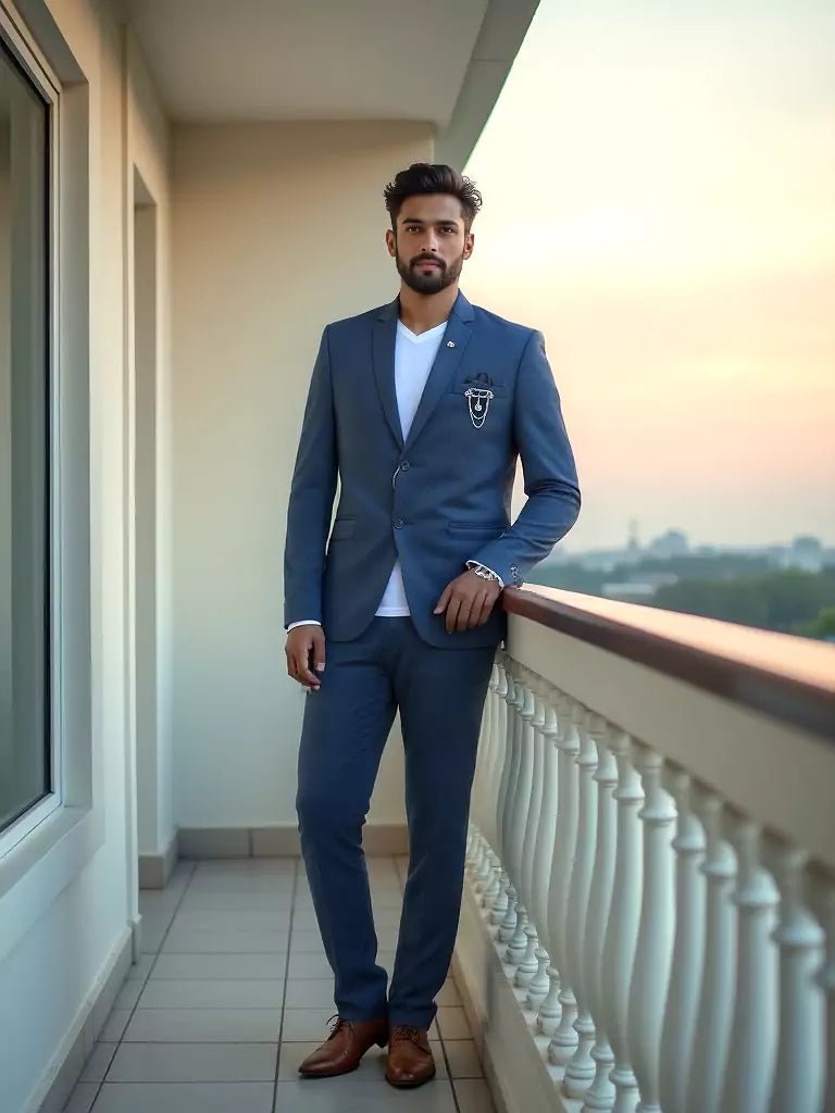 Image of Royal Blue Self Checks Suede and Giza Cotton Blazer - South India Shopping Mall