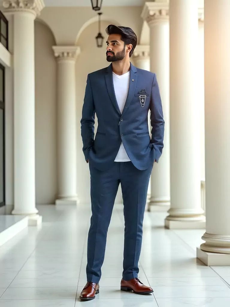 Image of Royal Blue Self Checks Suede and Giza Cotton Blazer - South India Shopping Mall