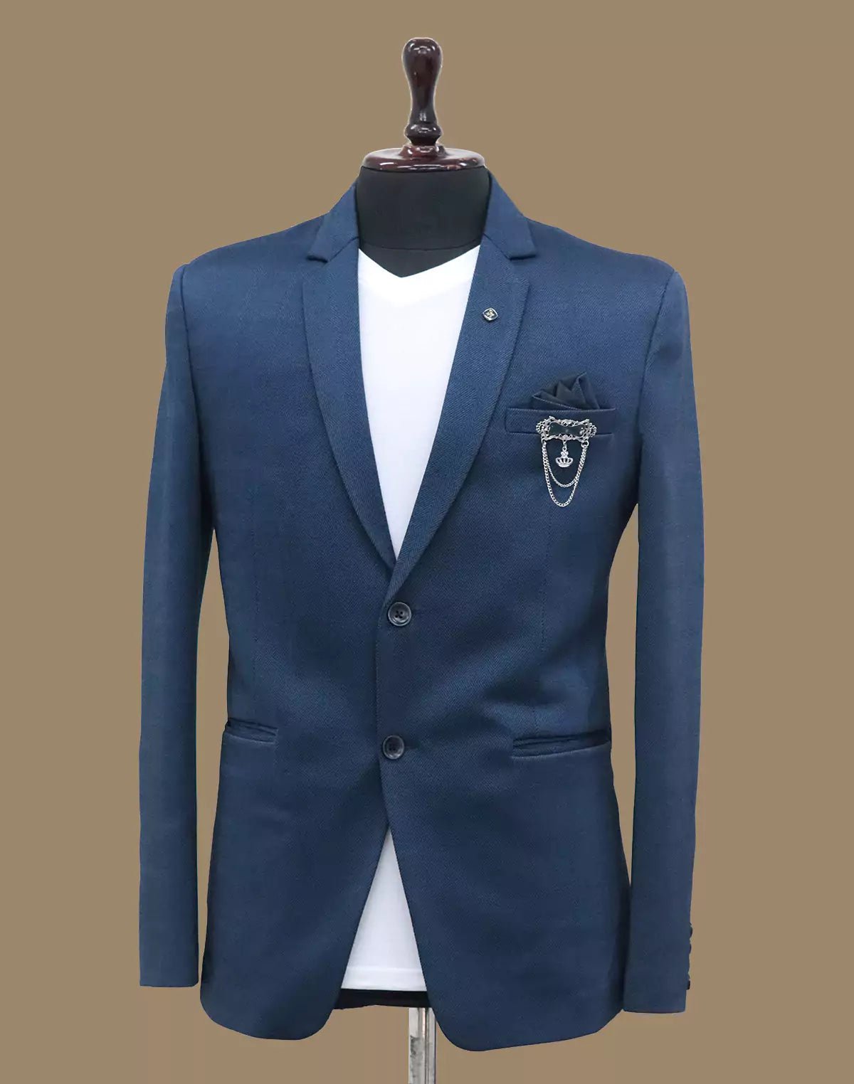 Image of Royal Blue Self Checks Suede and Giza Cotton Blazer - South India Shopping Mall