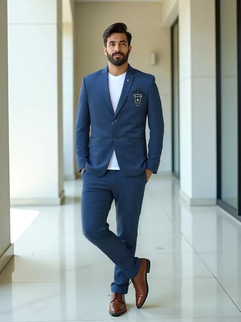 Image of Royal Blue Self Checks Suede and Giza Cotton Blazer - South India Shopping Mall