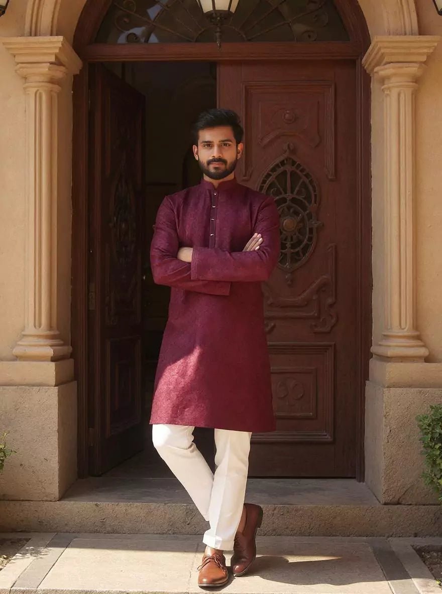 Image of Royal Maroon Embellished work Self Design Cotton Silk Kurta Pyjama Set - South India Shopping Mall
