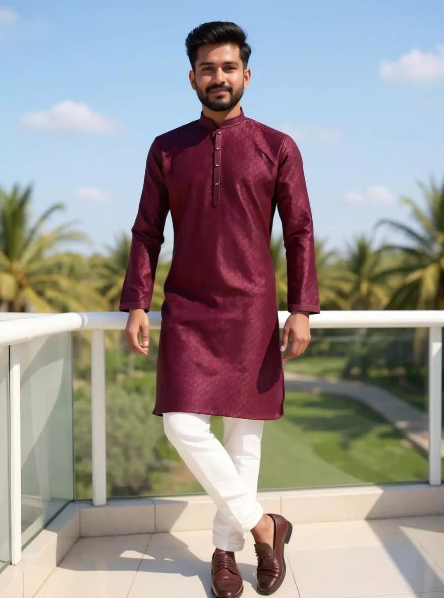 Image of Royal Maroon Embellished work Self Design Cotton Silk Kurta Pyjama Set - South India Shopping Mall