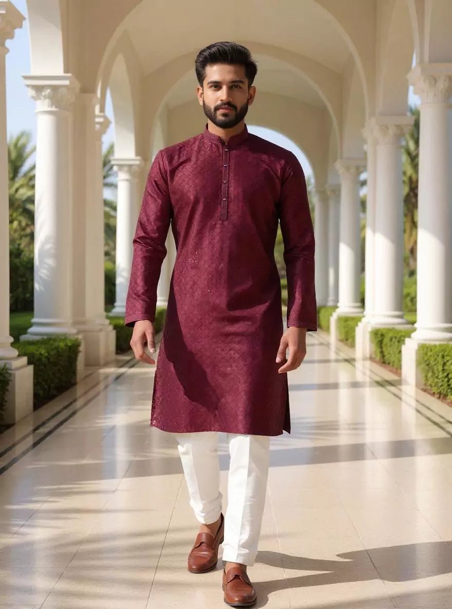 Image of Royal Maroon Embellished work Self Design Cotton Silk Kurta Pyjama Set - South India Shopping Mall
