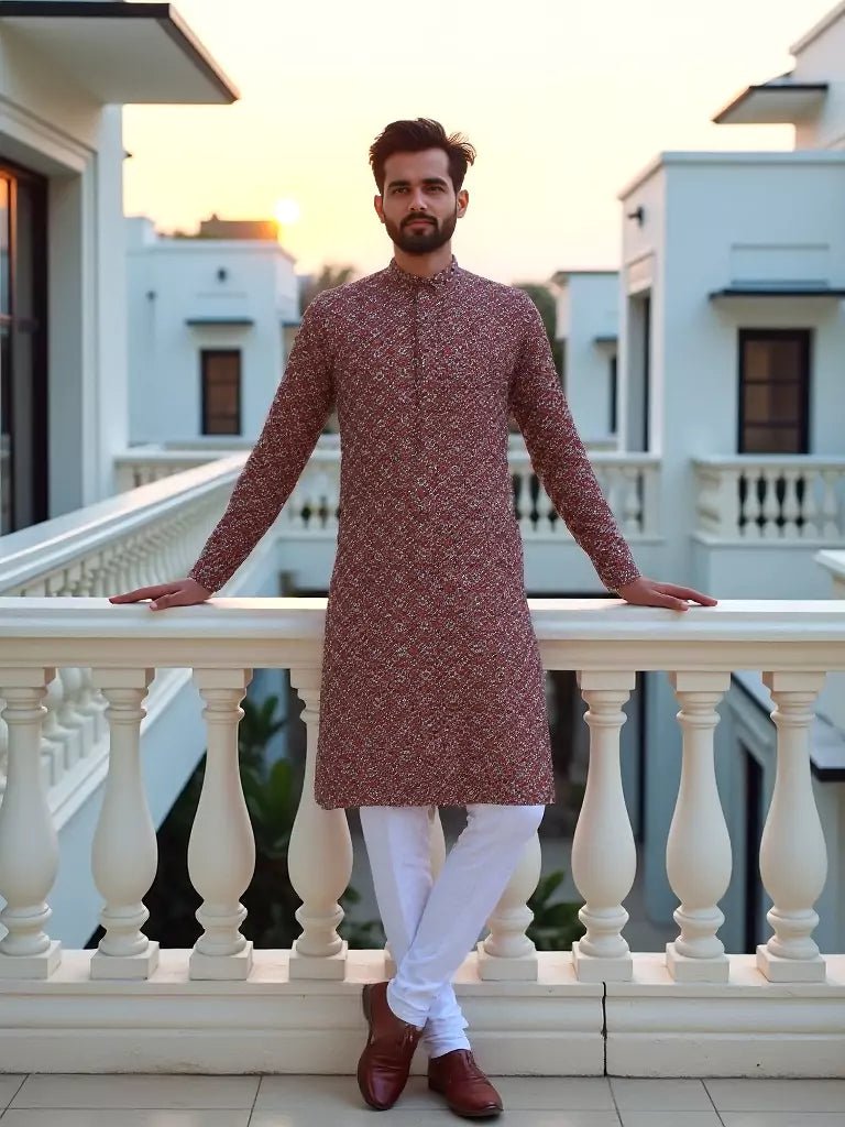 Image of Rust Red Floral Printed Cotton Kurta - South India Shopping Mall