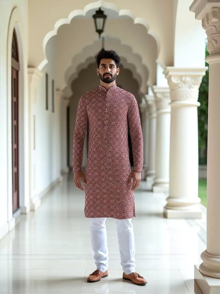 Image of Rust Red Floral Printed Cotton Kurta - South India Shopping Mall