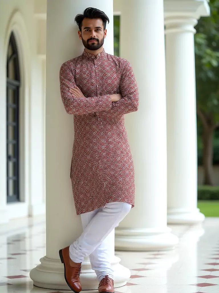 Image of Rust Red Floral Printed Cotton Kurta - South India Shopping Mall