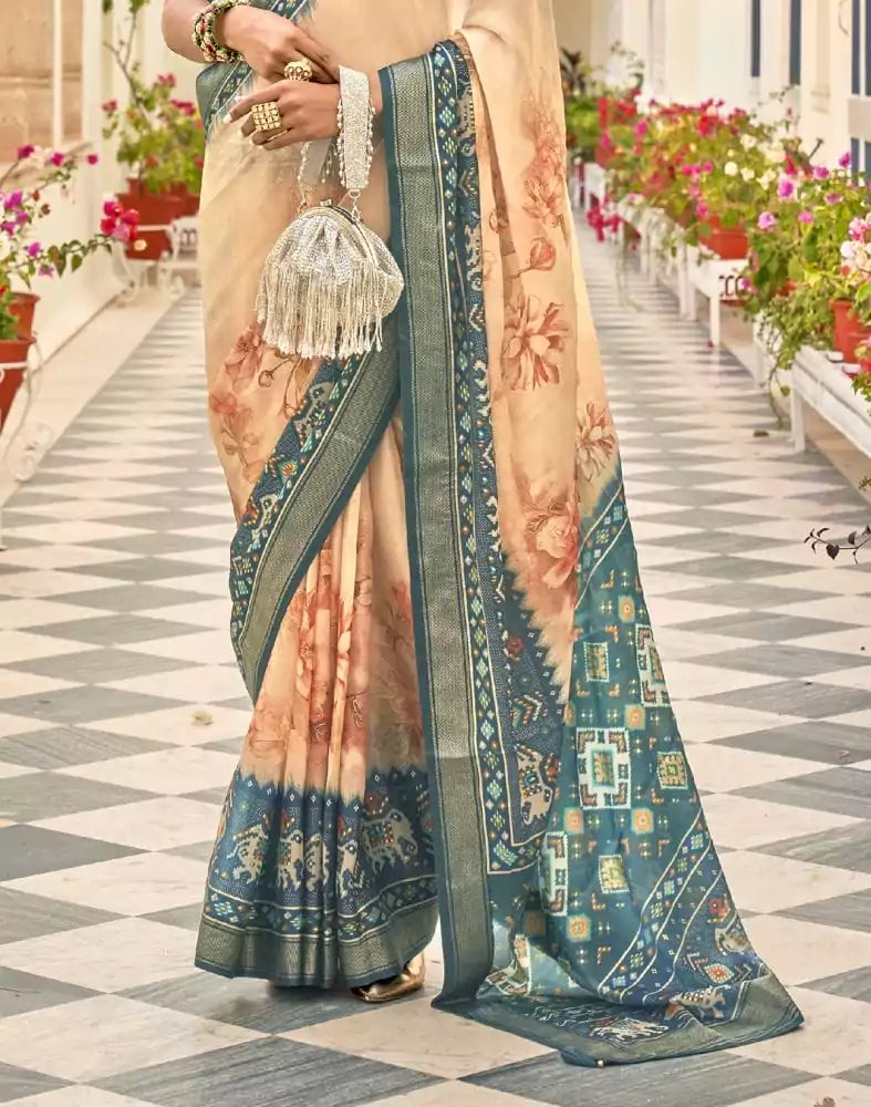 Image of Peach Coloured Floral Print Dola Silk Fabric Saree