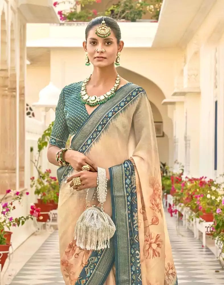 Image of Peach Coloured Floral Print Dola Silk Fabric Saree