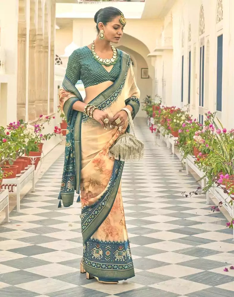 Image of Peach Coloured Floral Print Dola Silk Fabric Saree