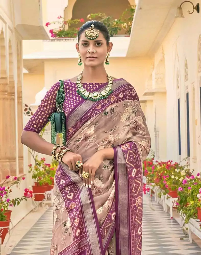 Image of Peach Floral Print Soft Dola Silk Saree