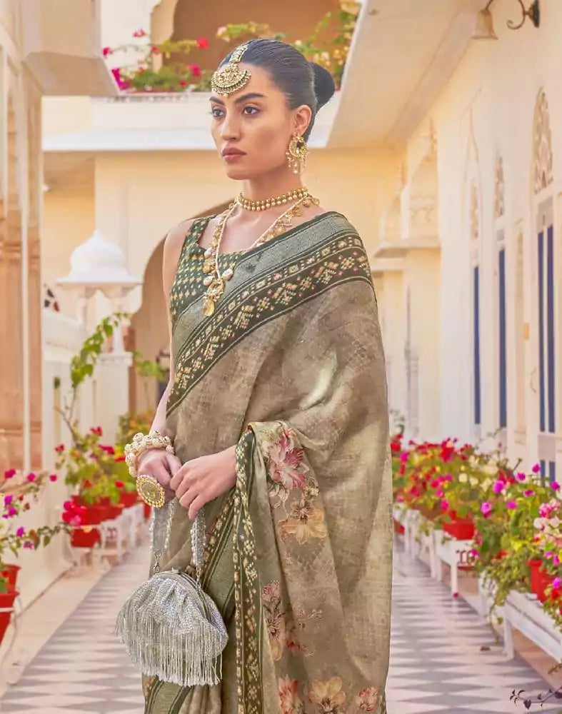 Image of Floral Print Brown Coloured Dola Silk Saree