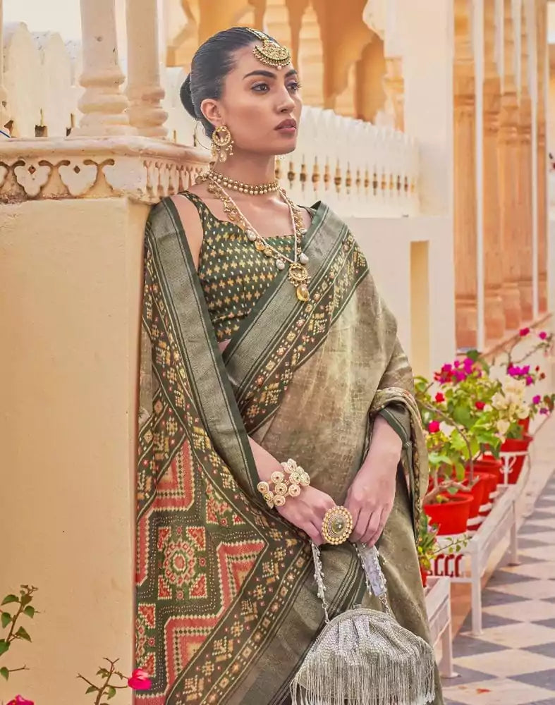 Image of Floral Print Brown Coloured Dola Silk Saree
