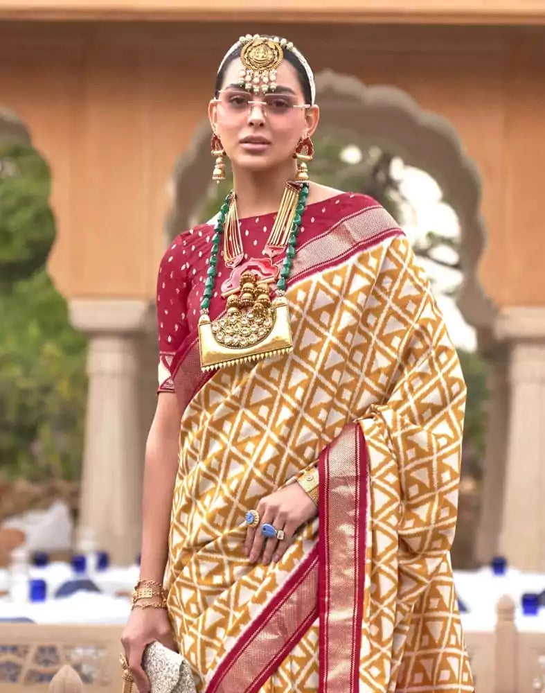 Image of Mustard Geometric Dola Silk Fancy Saree