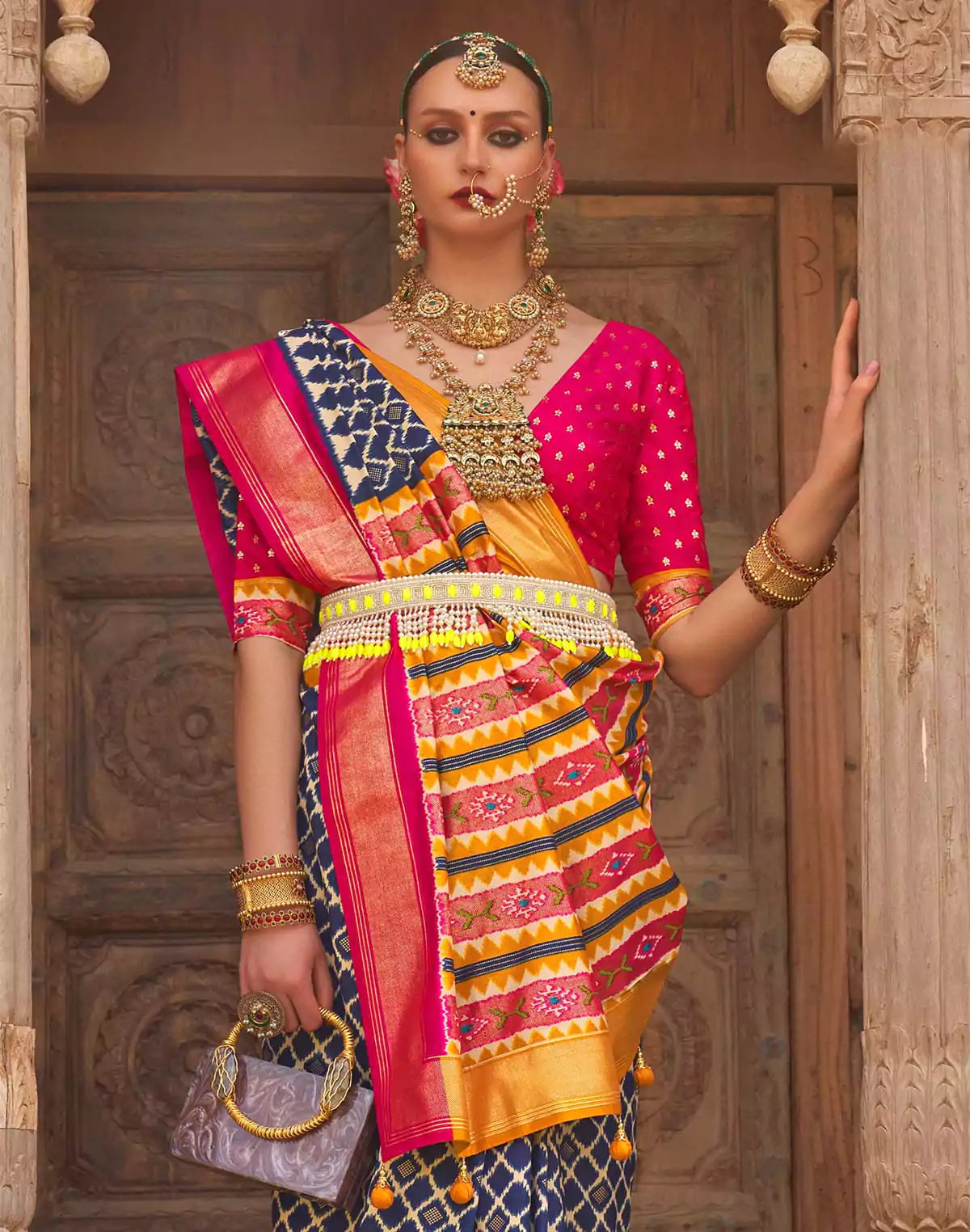 Image of Blue Patola Silk Saree with Contrast Blouse