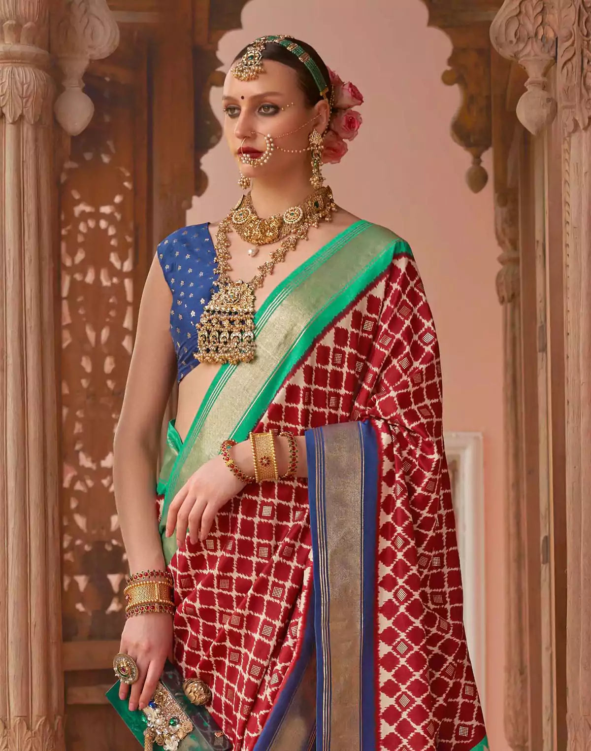 Image of Red and Blue Patola Designer Saree