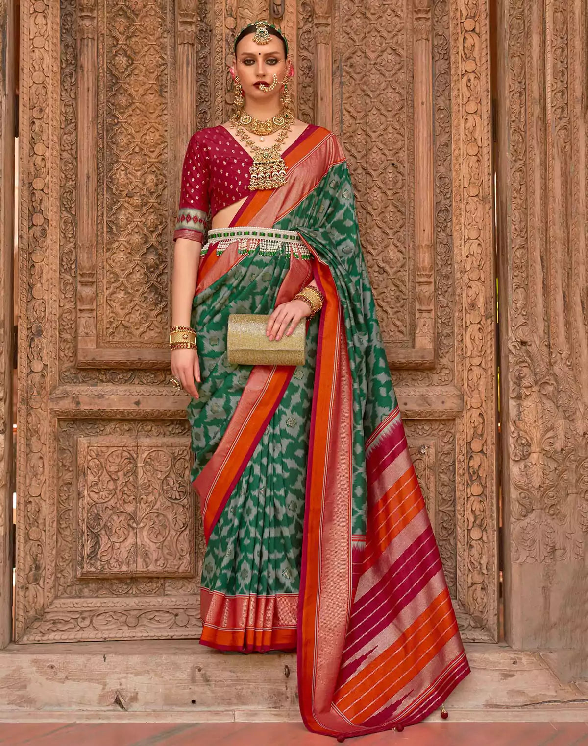 Image of Dark Green and Maroon Patola Saree