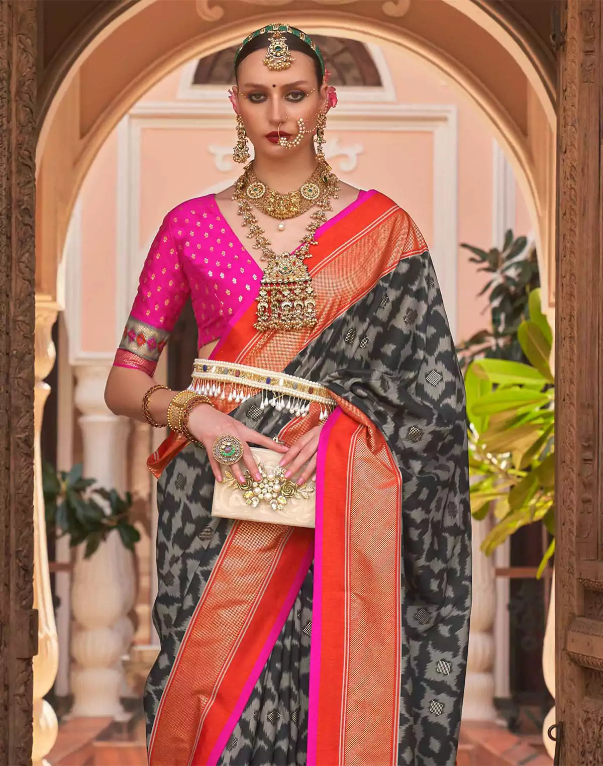 Image of Black Graphic Print Patola Silk Saree