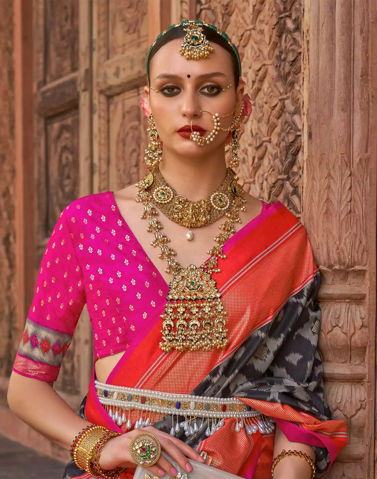 Image of Black Graphic Print Patola Silk Saree