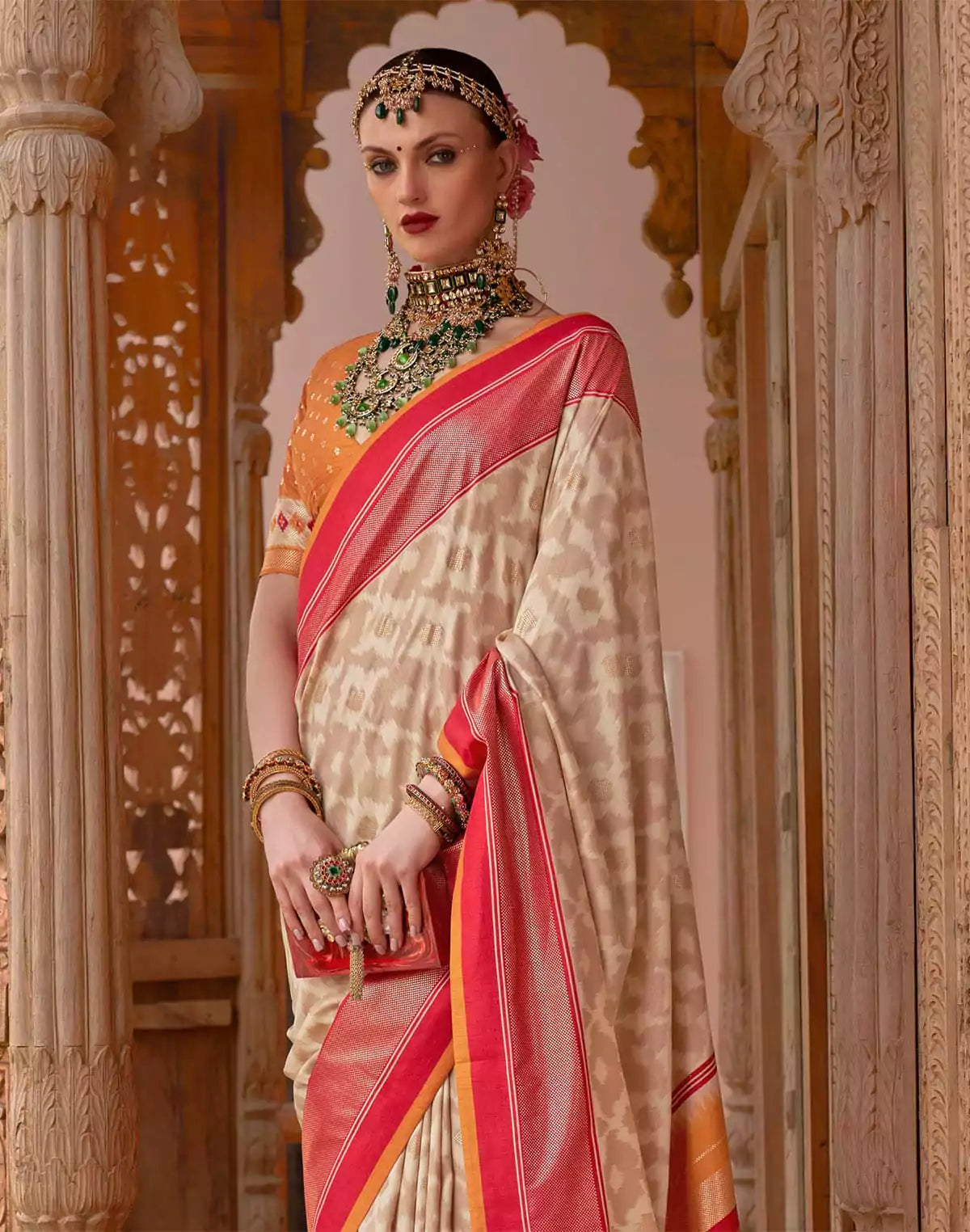 Image of Beige Colour smooth Patola Silk Saree