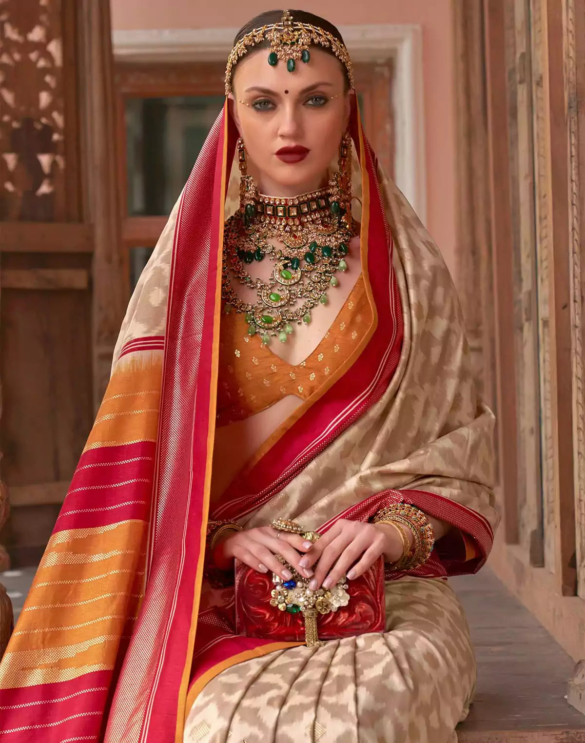 Image of Beige Colour smooth Patola Silk Saree