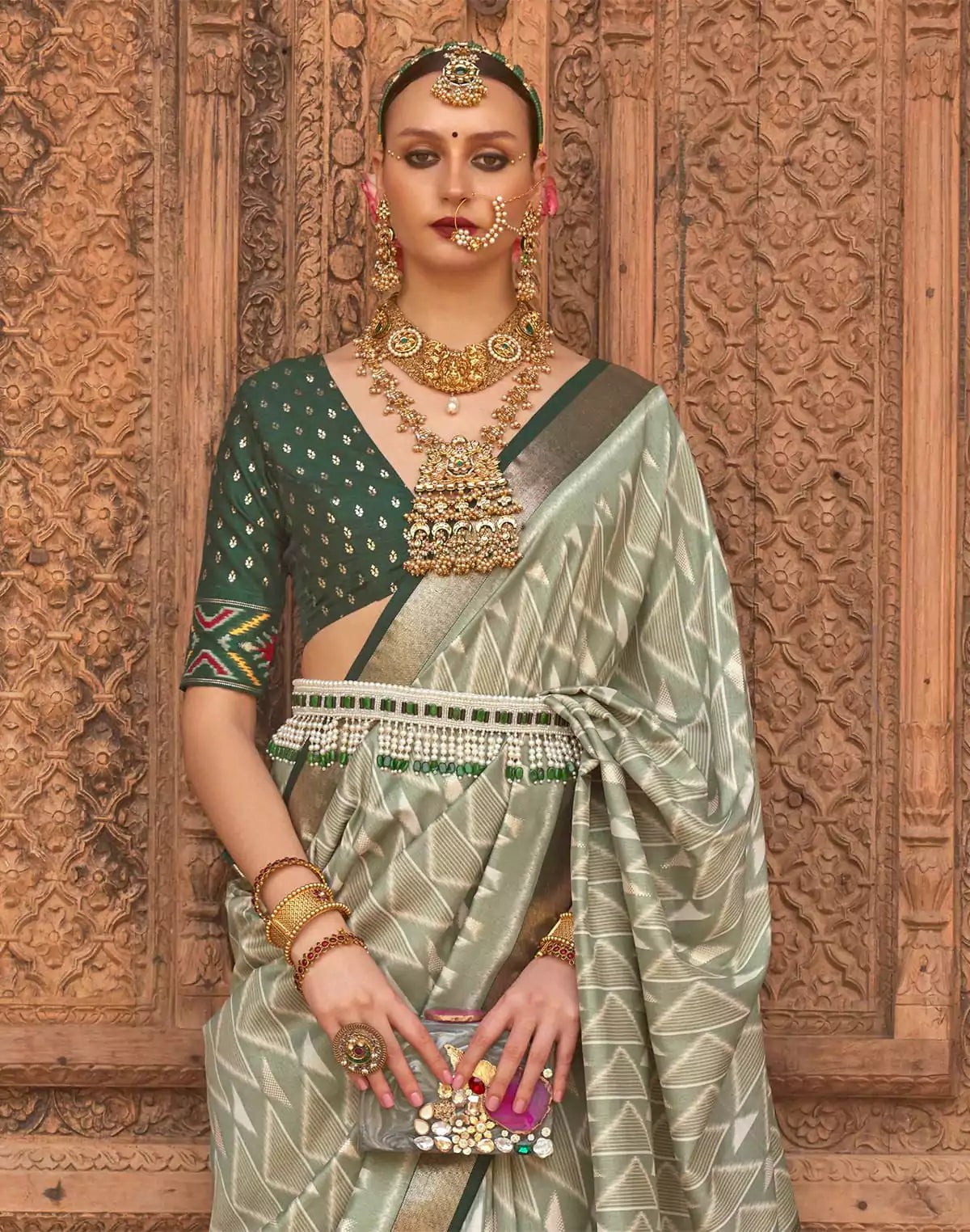 Image of Light Green Geometric Print Patola Designer Saree
