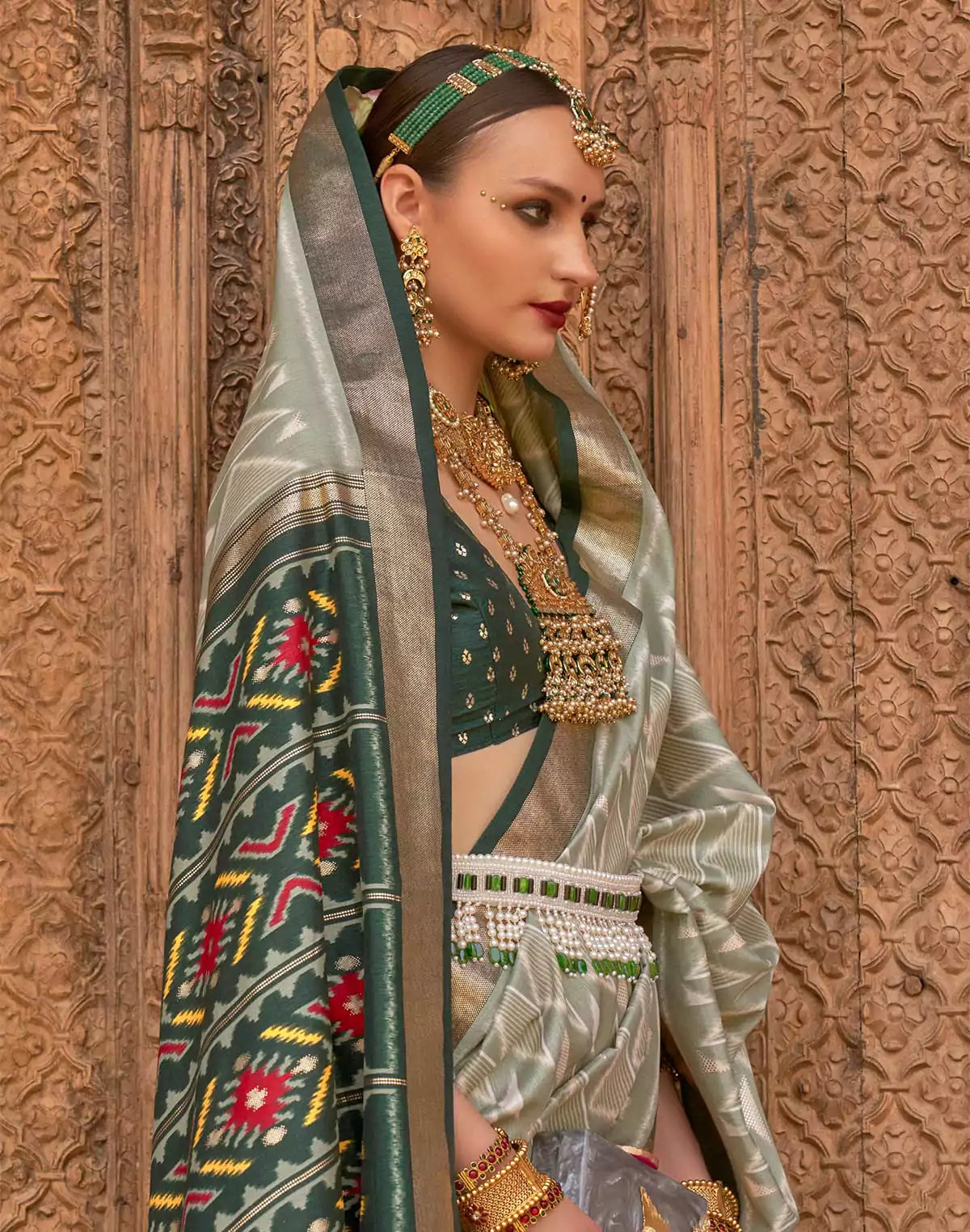 Image of Light Green Geometric Print Patola Designer Saree