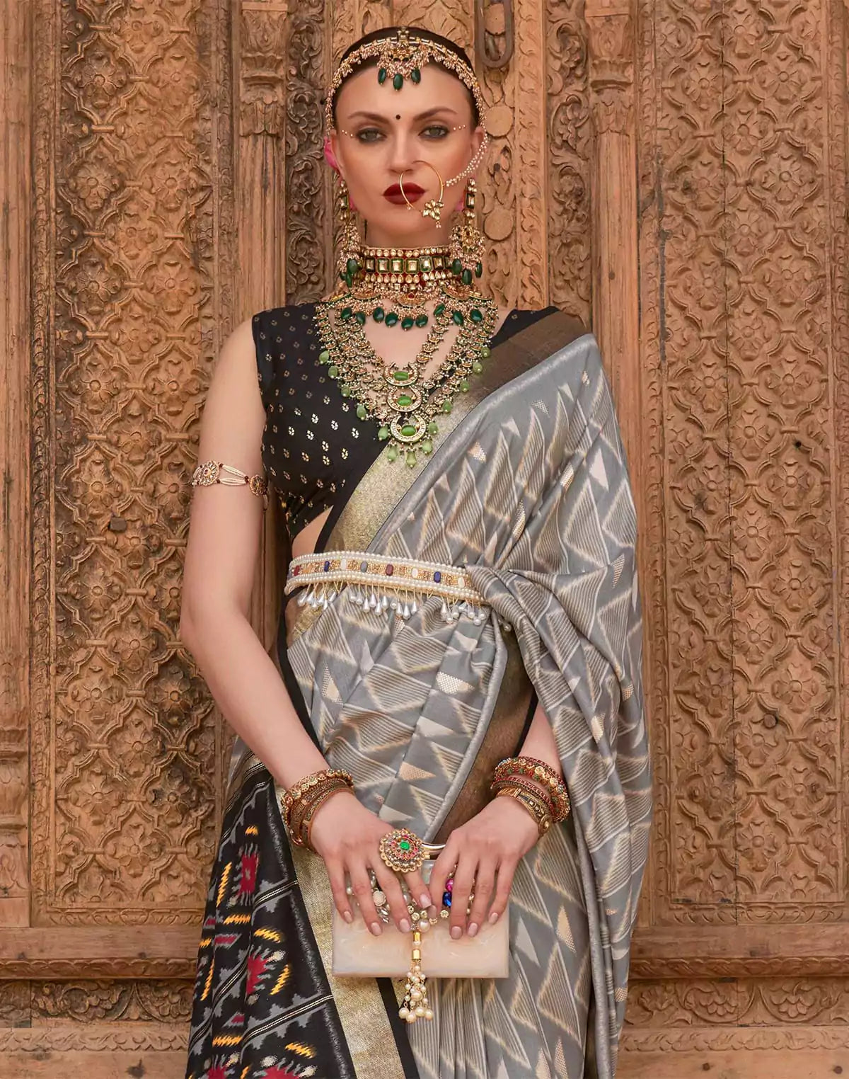 Image of Grey and Black Patola Printed Saree