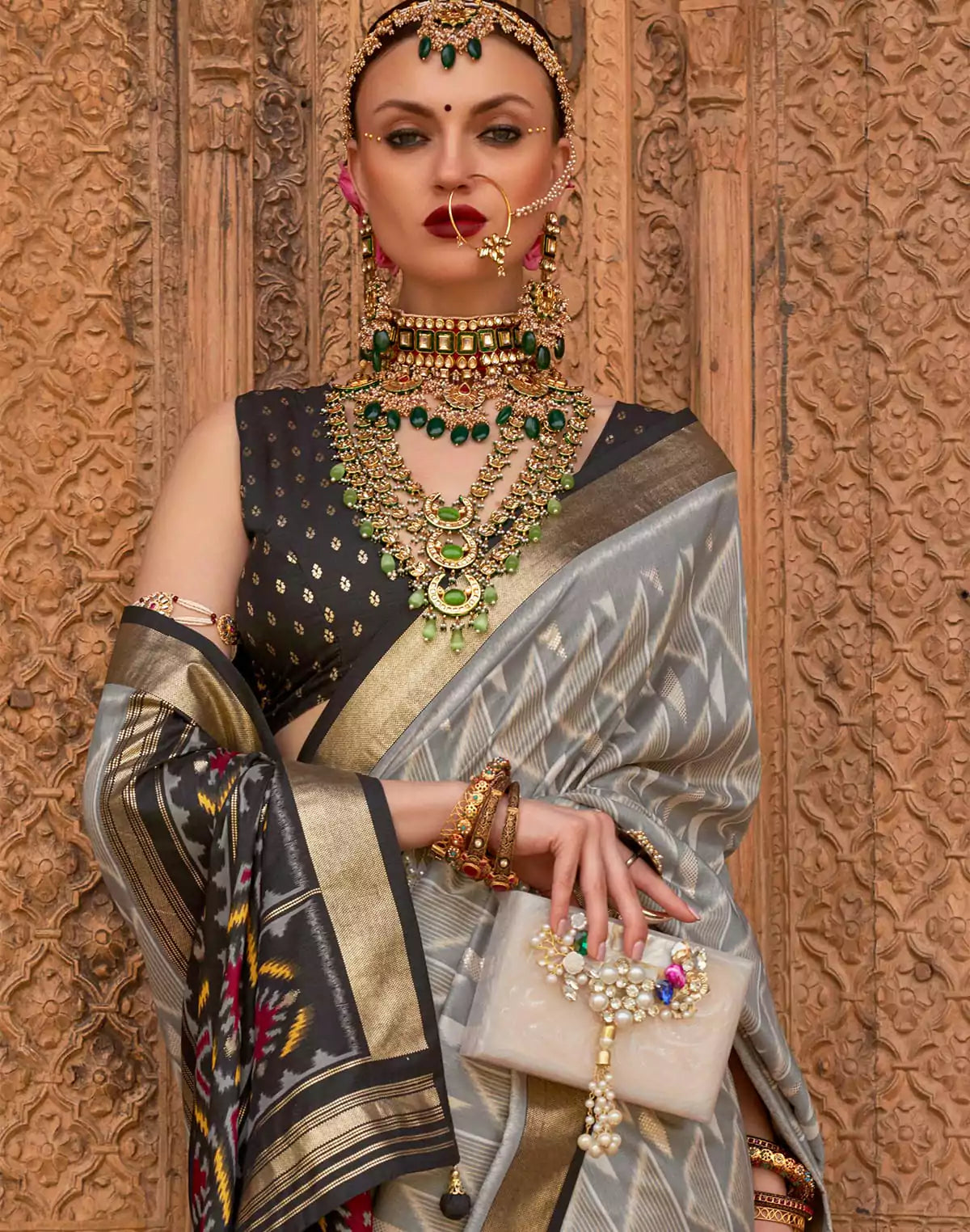Image of Grey and Black Patola Printed Saree