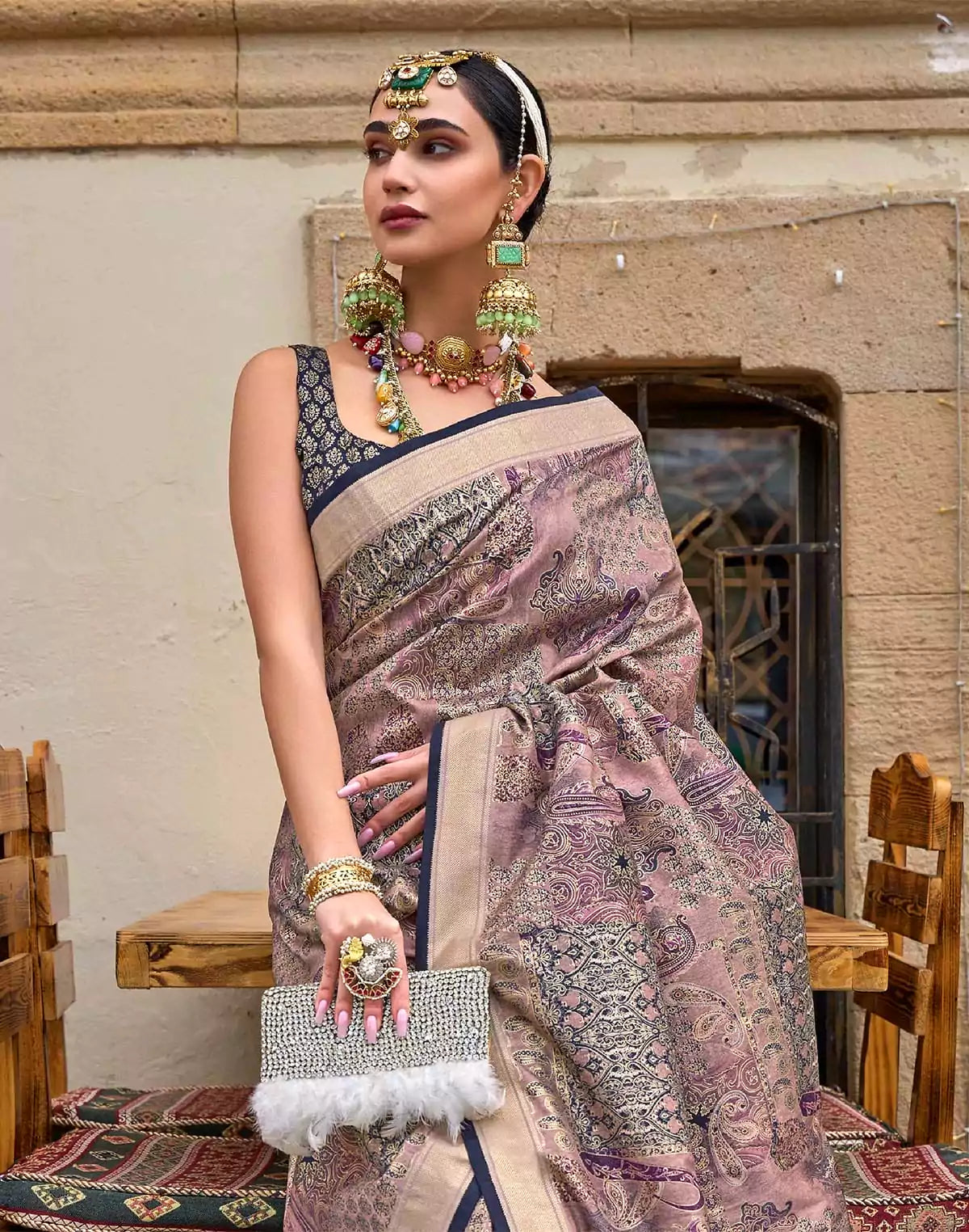 Image of Light Pink Floral Print Soft Silk Saree