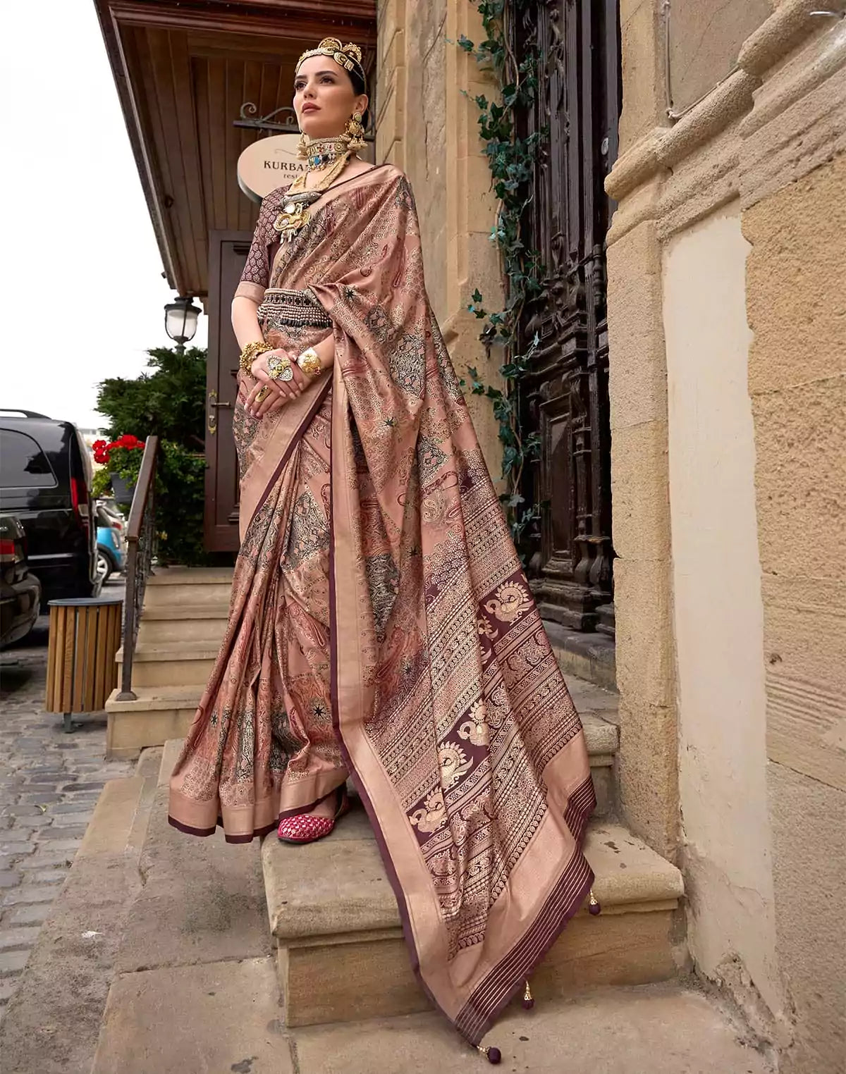Image of Light Brown all over Floral Print Soft Silk Saree