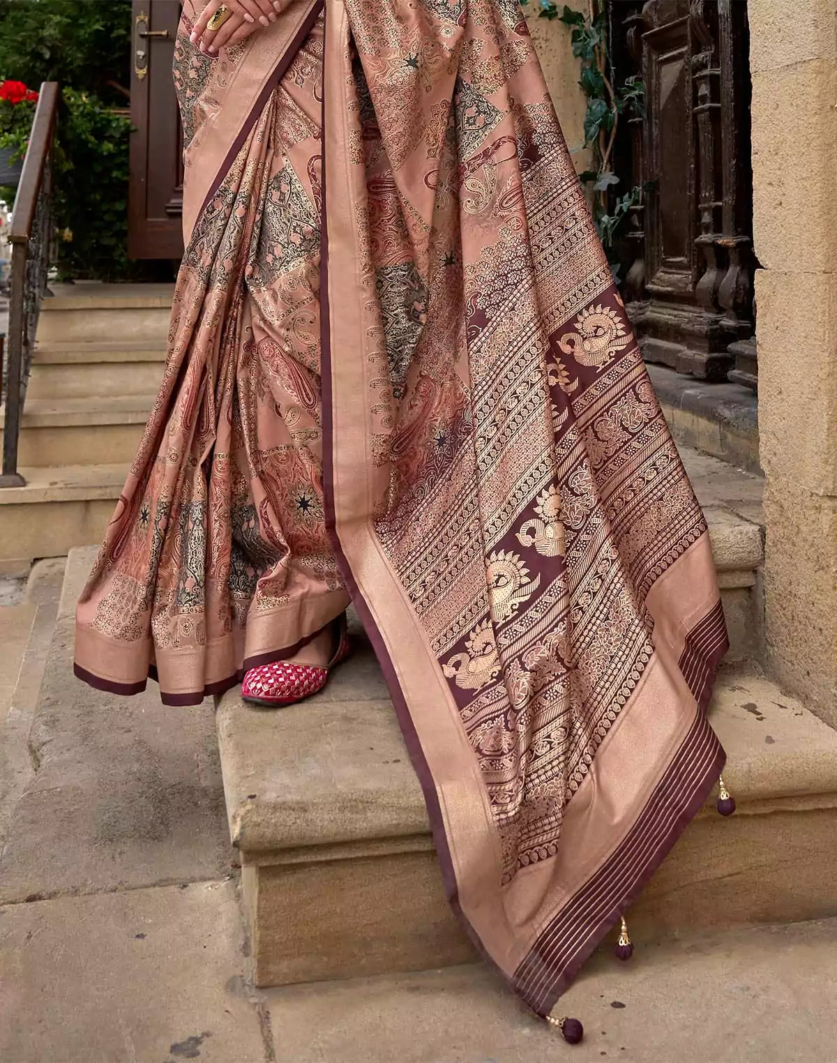 Image of Light Brown all over Floral Print Soft Silk Saree