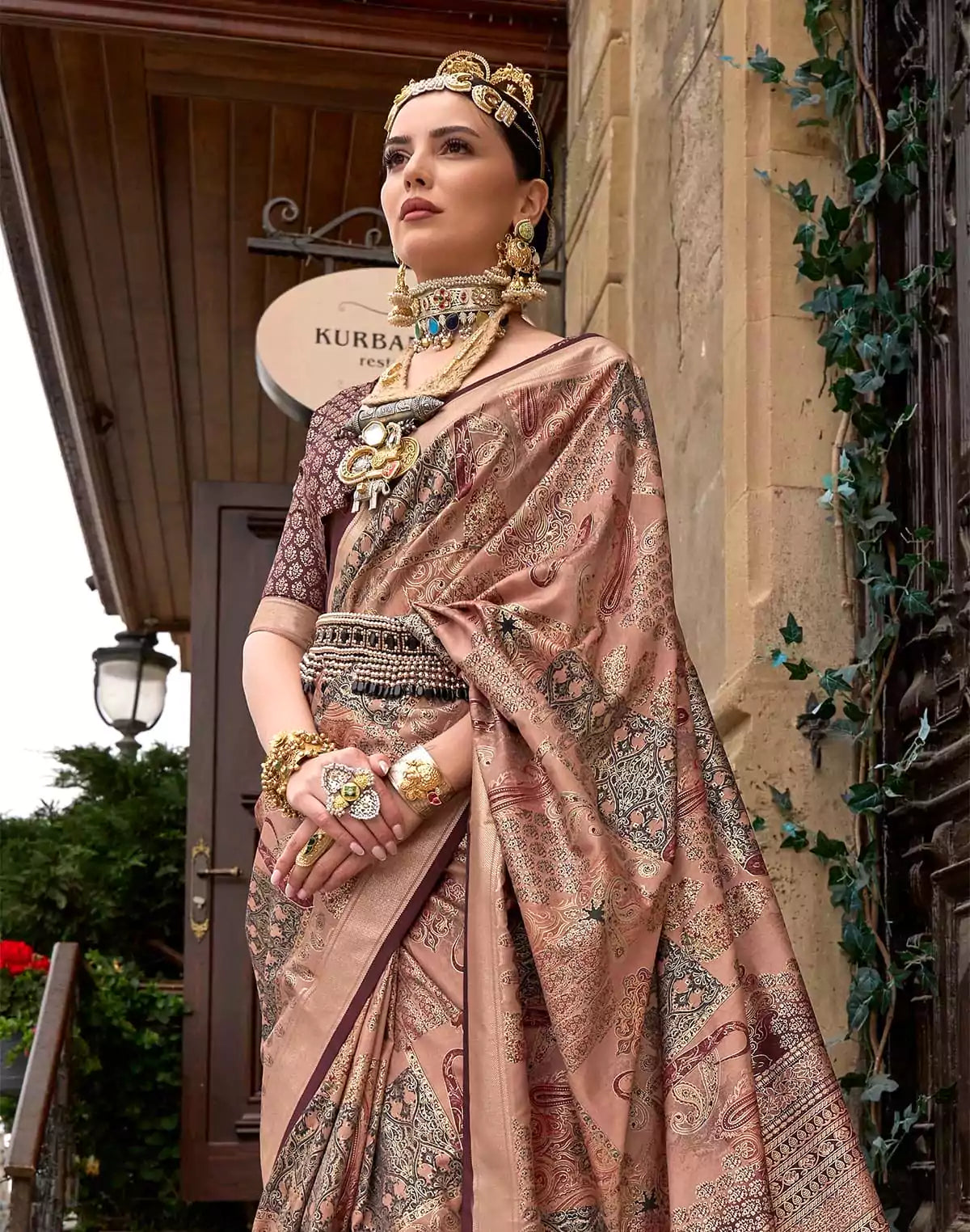 Image of Light Brown all over Floral Print Soft Silk Saree