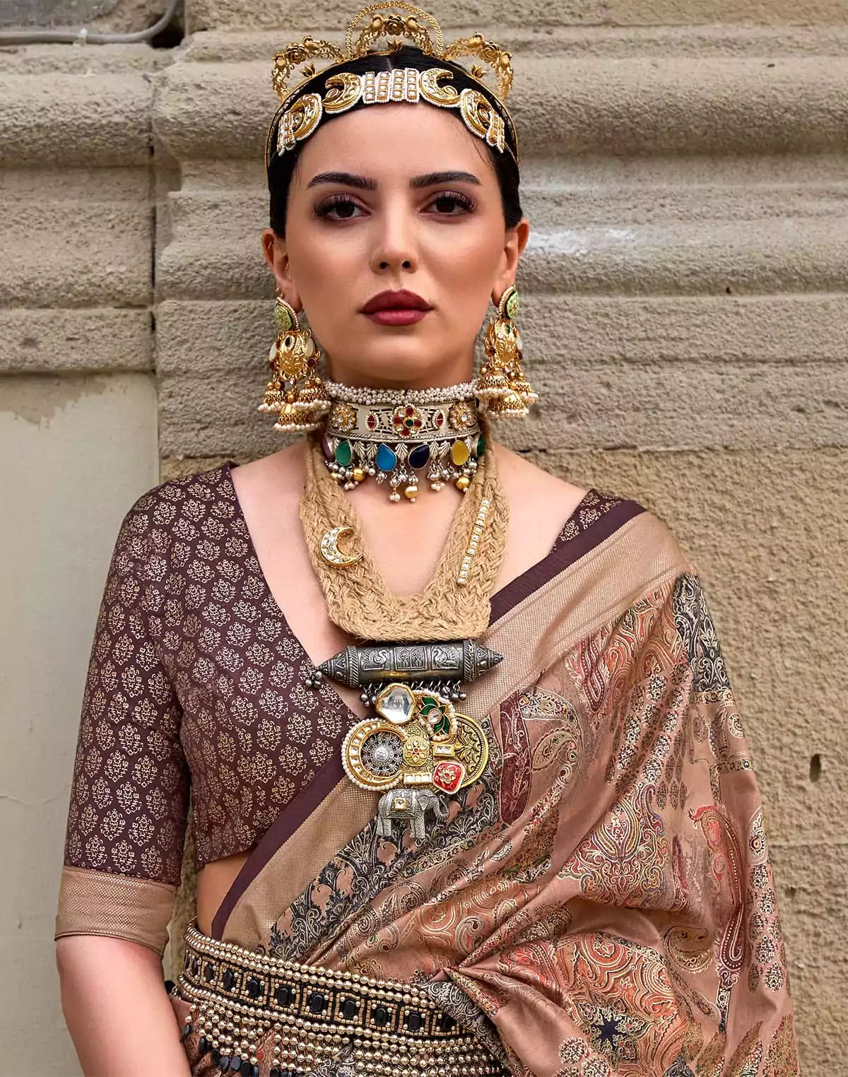 Image of Light Brown all over Floral Print Soft Silk Saree