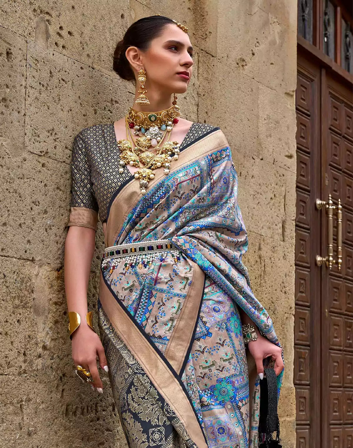 Image of Sky Blue and Black Soft Silk Saree