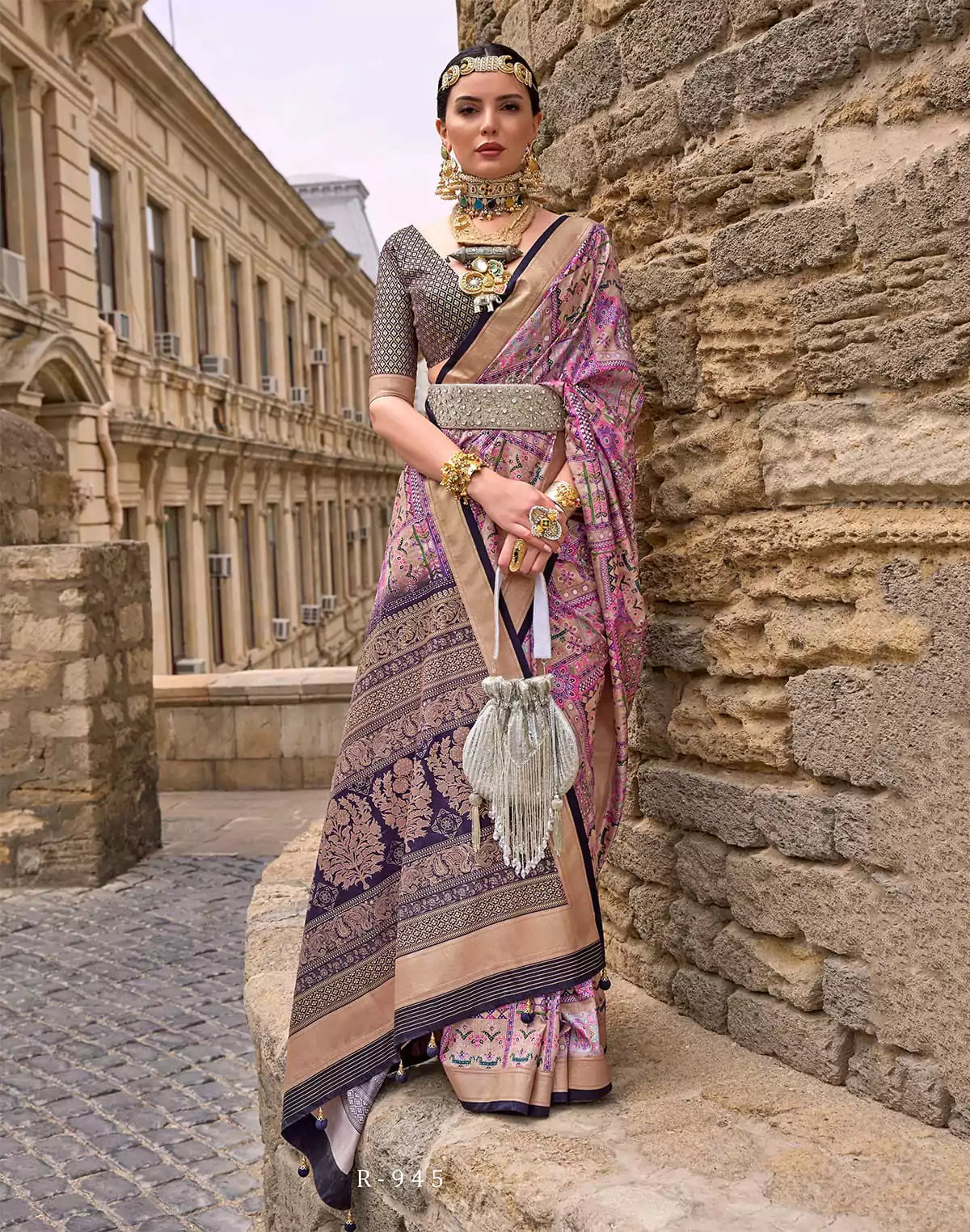 Image of Pink Floral Print Soft Silk Designer Saree