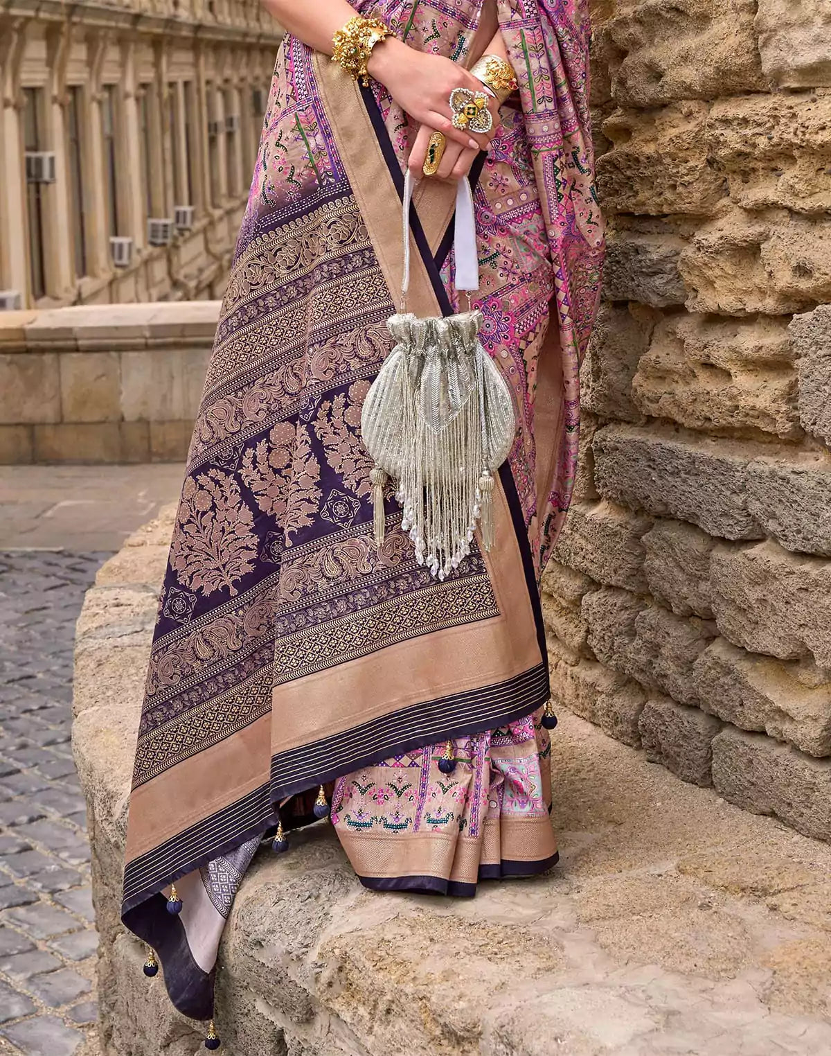 Image of Pink Floral Print Soft Silk Designer Saree