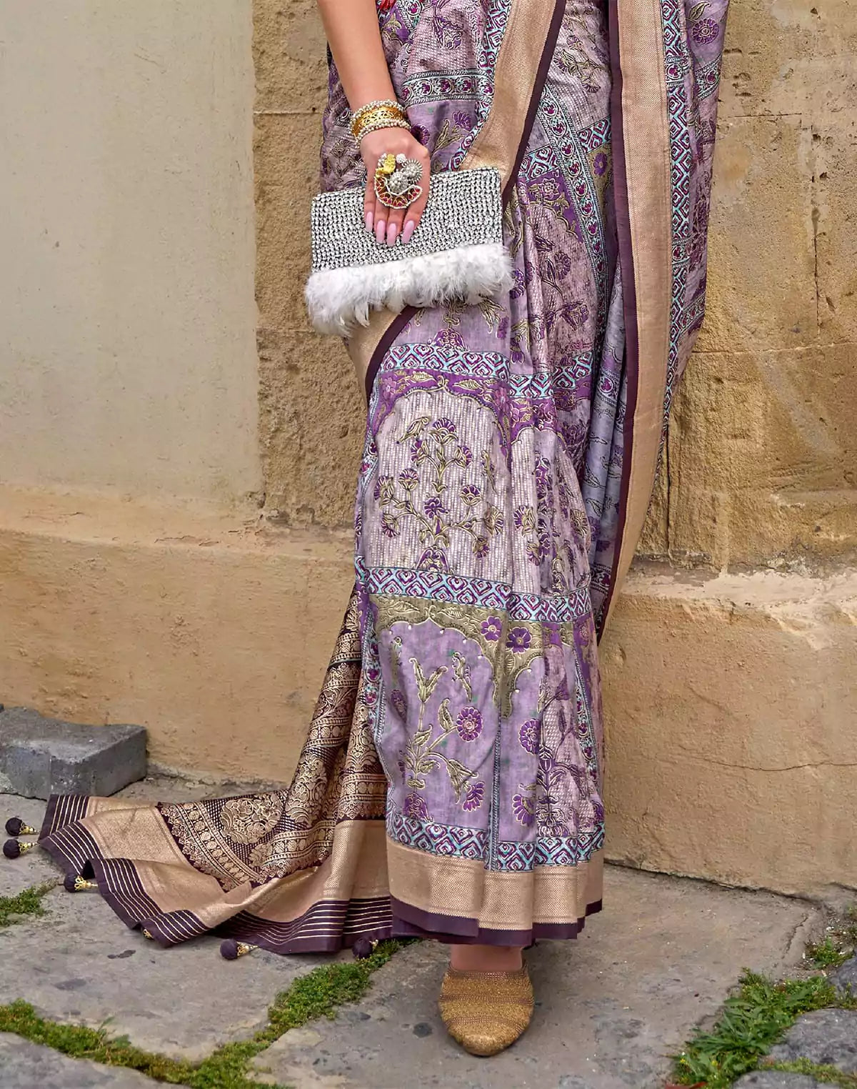 Image of Light Purple Soft Silk Saree with Tussels