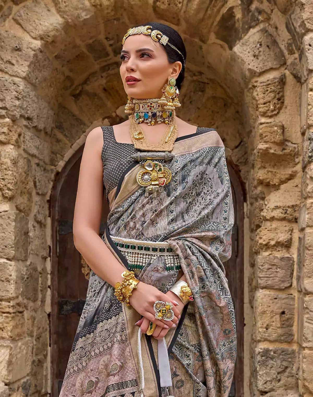 Image of Grey Coloured Soft Silk Floral Saree